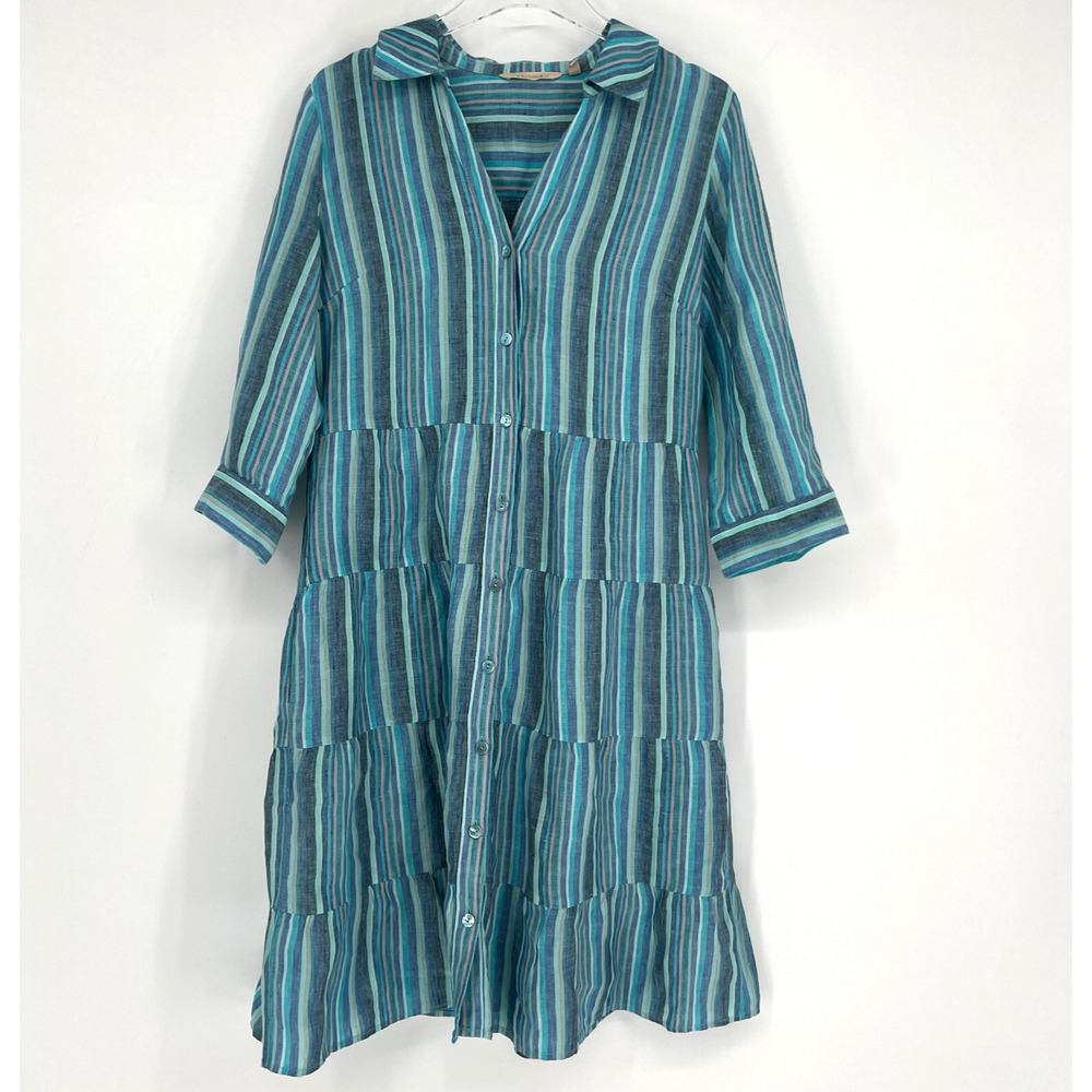 Soft Surroundings Dress Womens‎ S Linen Blue Striped Tiered Coastal Classic
